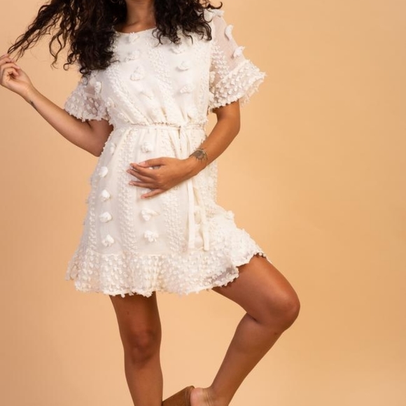 Cream Floral Applique Maternity Flounce Dress - Picture 2 of 6